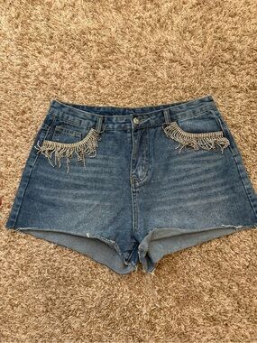 Windsor Blue Denim Shorts with Rhinestone Fringe